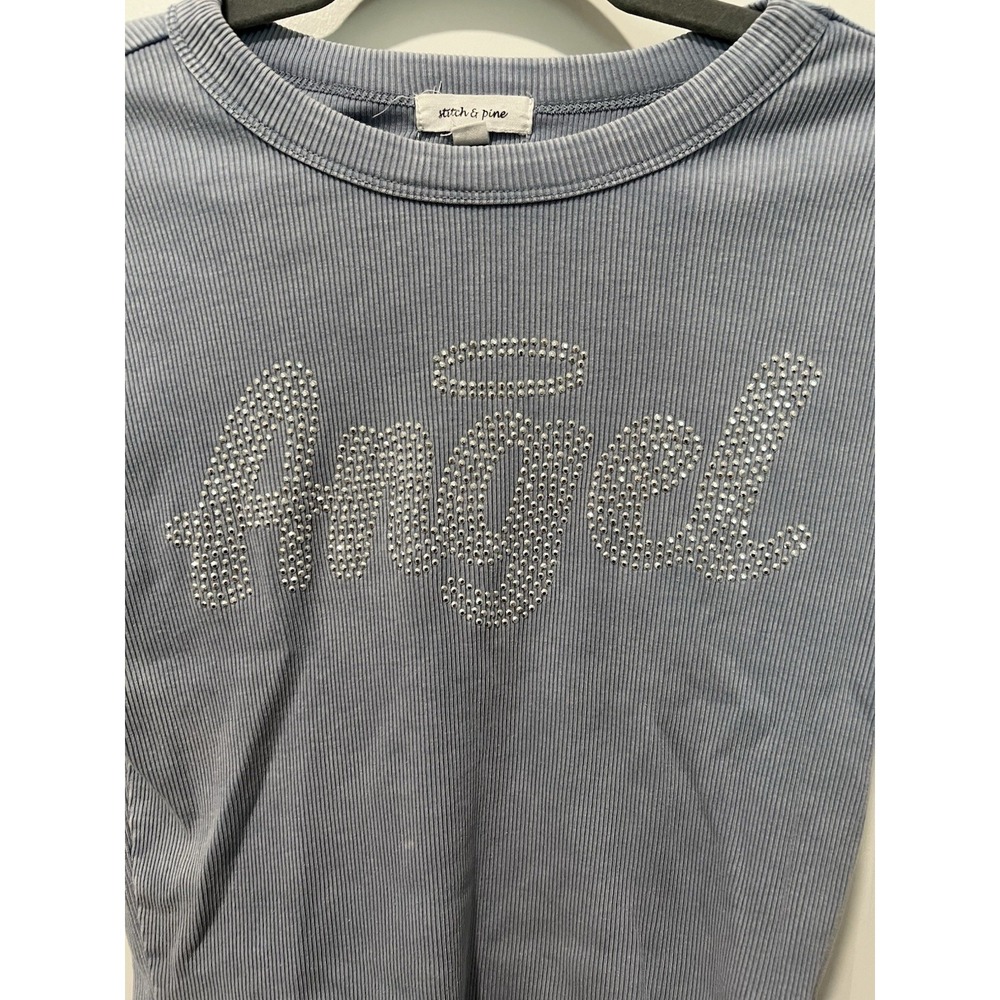 ✨ Stitch & Pine Women's Tee "Angel" - Blue - Size Medium - Cropped - Bedazzled - Picture 3 of 5